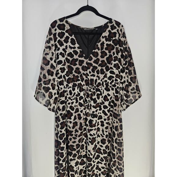 New York & Company Leopard Print Chiffon Short Sleeve Maxi Dress XL V Neck - Picture 2 of 7